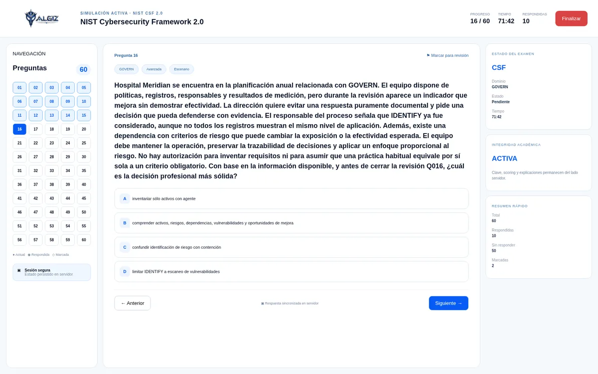 Interfaz de preguntas del simulador ALGIZ
