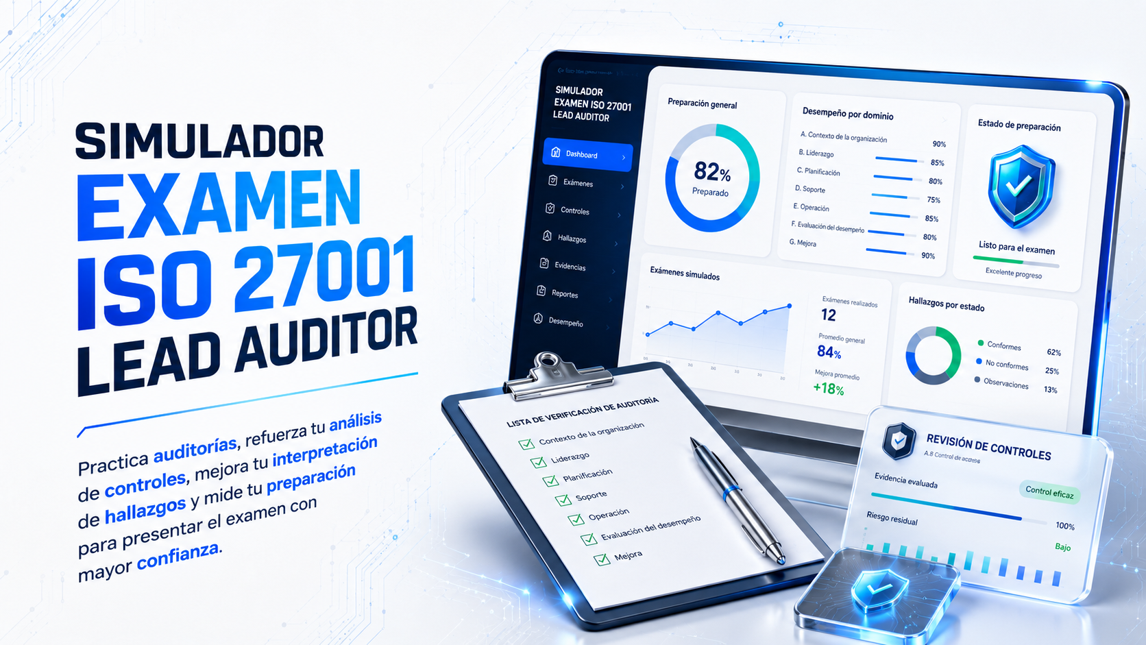 Simulador de examen ISO 27001 Lead Auditor con panel de preparación y revisión de controles