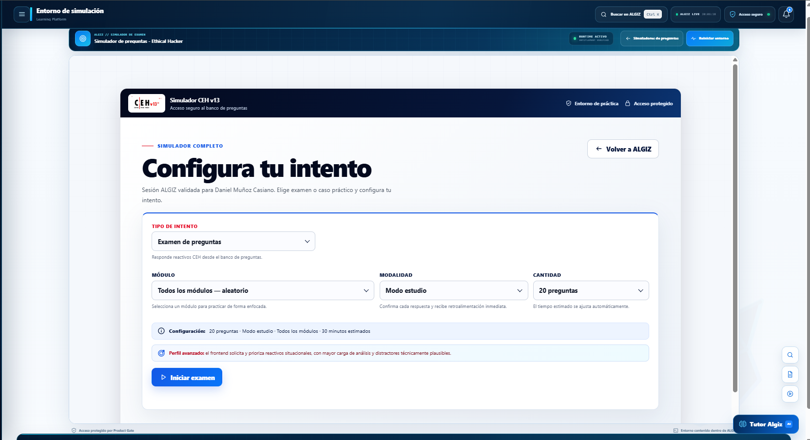 Interfaz de simulador de examen con configuración de intento