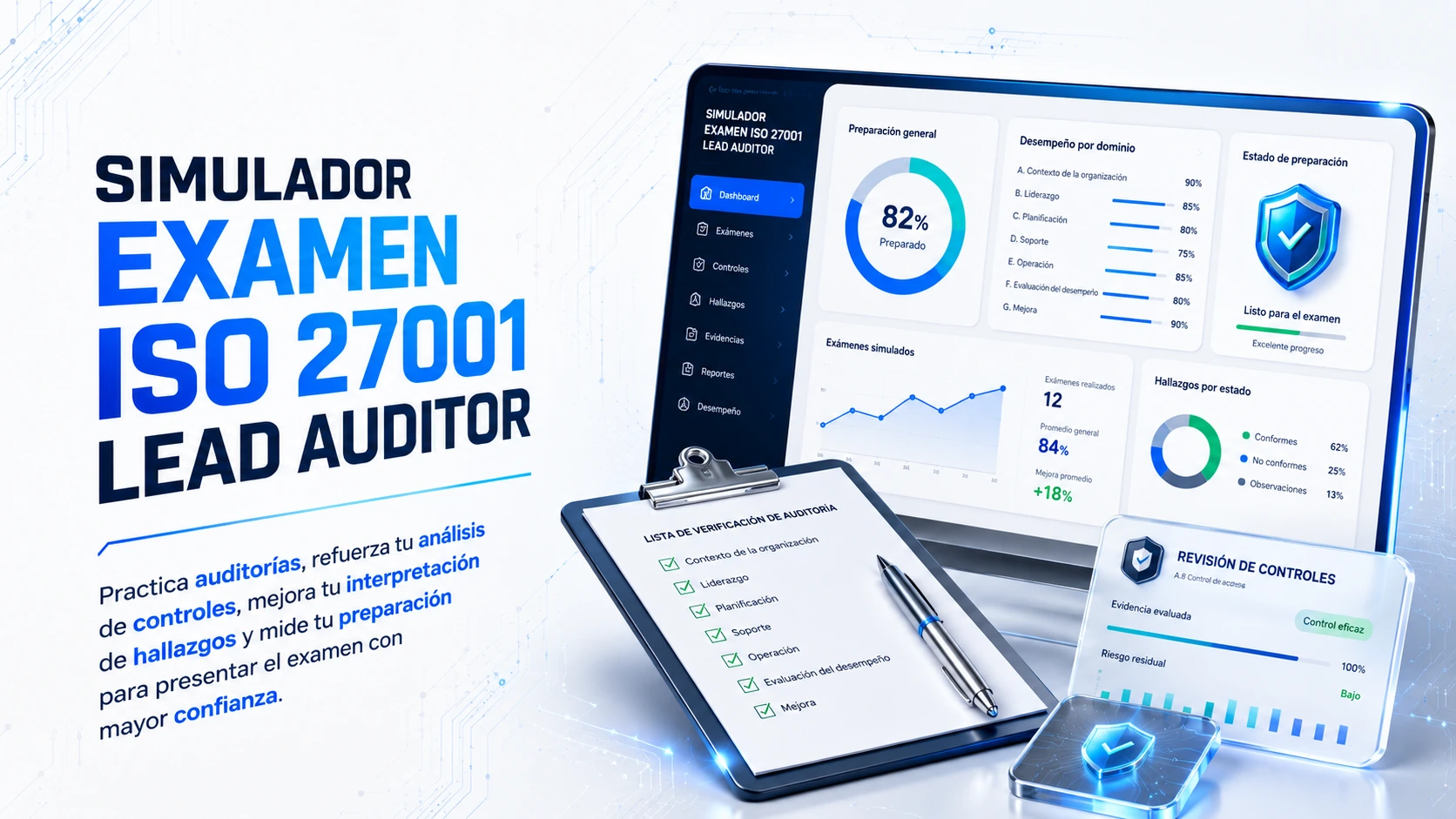 Simulador de examen ISO 27001 Lead Auditor con panel de preparación y revisión de controles