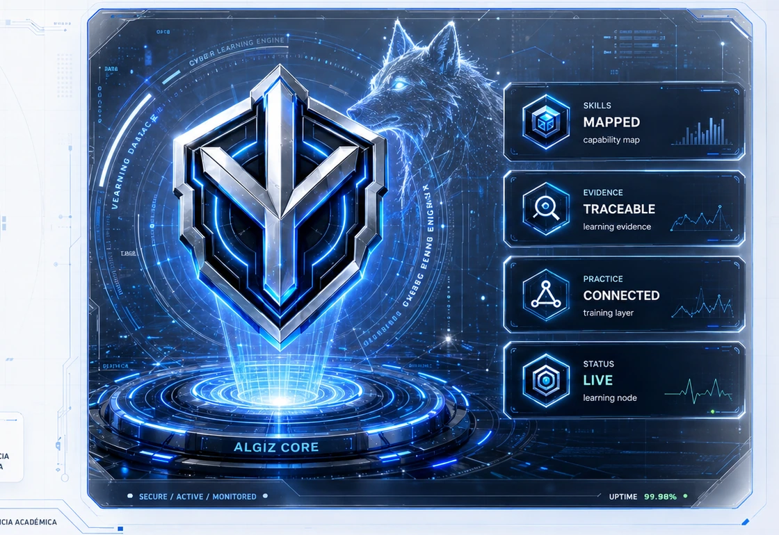 Núcleo visual ALGIZ con emblema, telemetría, lobo y señales de capacidad